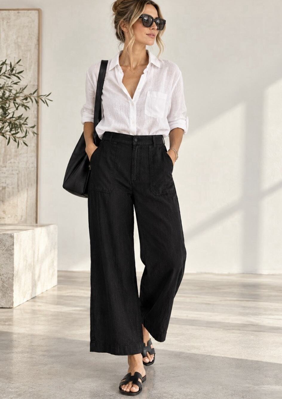 KUT From The Kloth Topaz Pants 12 Black Linen High Rise Wide Leg Crop KB44801